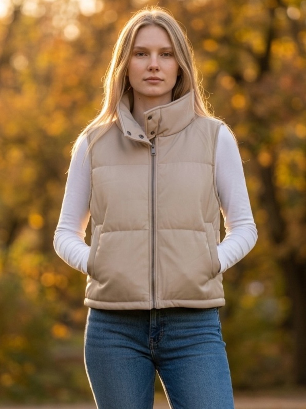 L/XL Anthropologie Faux-Leather Puffer Vest in Beige